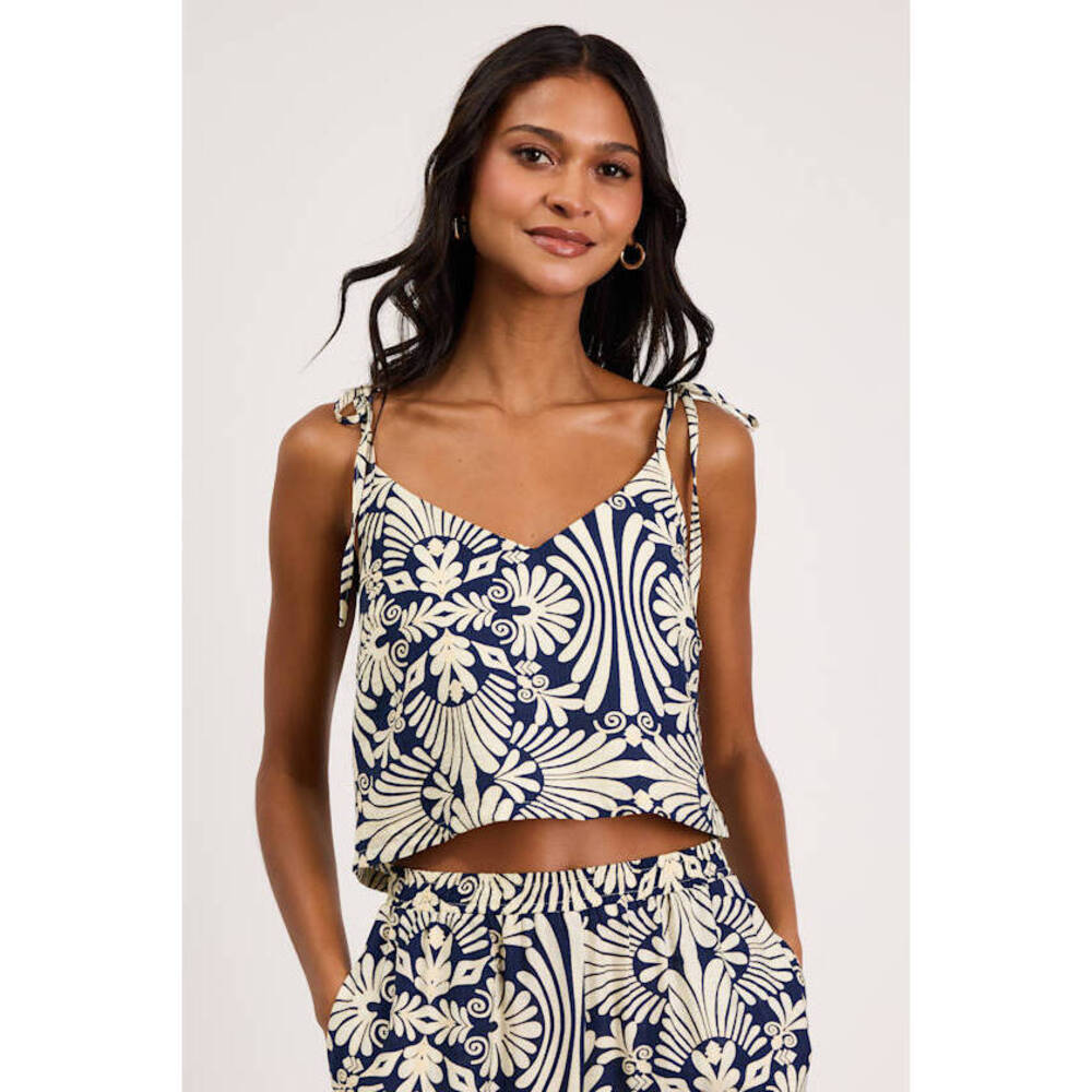 Lulus Abril Navy And Ivory Boho Print Tie-strap Cami Top Blue - Size XL